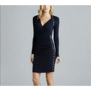 Carmen Marc Valvo Women's Faux Leather Wrap Dress Navy Blue NWT Size XS Or Small